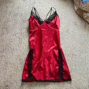 red dress with black lacey trim